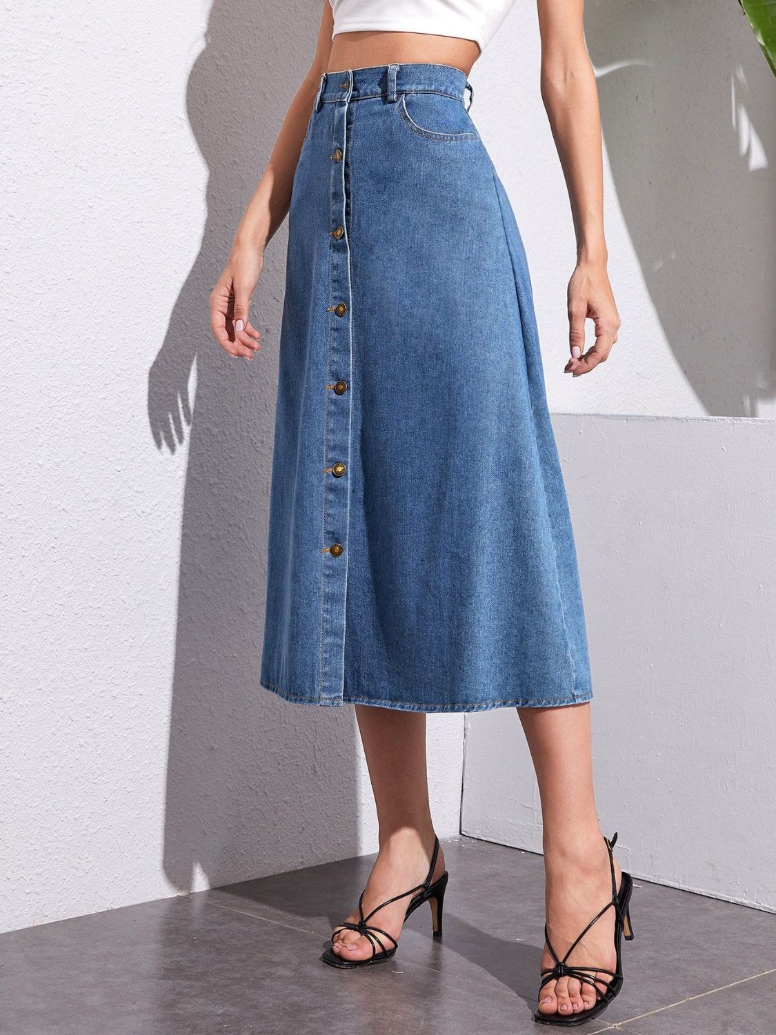 Buttoned Midi Denim Skirt with Pockets - Little Miss Vanilla