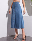 Buttoned Midi Denim Skirt with Pockets - Little Miss Vanilla