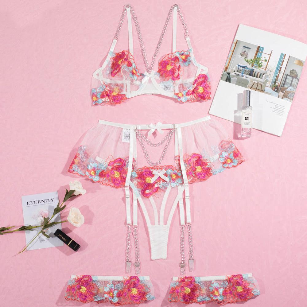 Wholesale Blossom Embroidery Mesh Underwire Lingerie Set