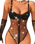 Wholesale Dazzling Rhinestone Fishnet Bodysuit