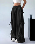 Elastic Waist Solid Color Bow Lace Up Casual Straight-leg Pants