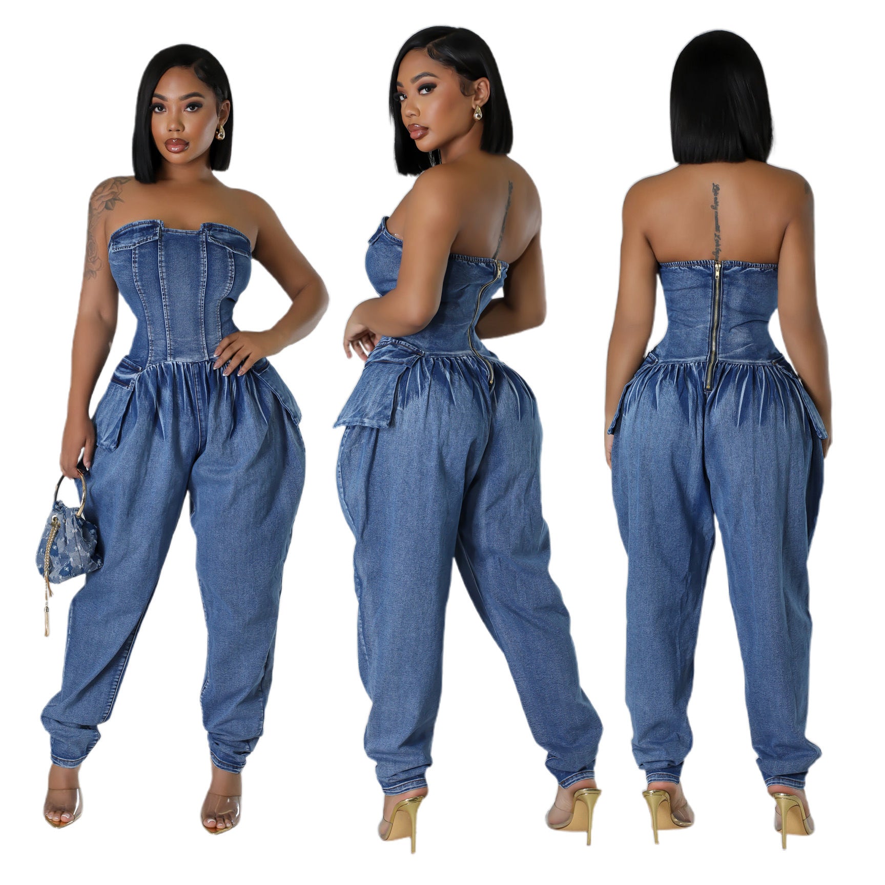 Women's Tube Top High Elastic Fashion Denim Jumpsuit - Little Miss Vanilla