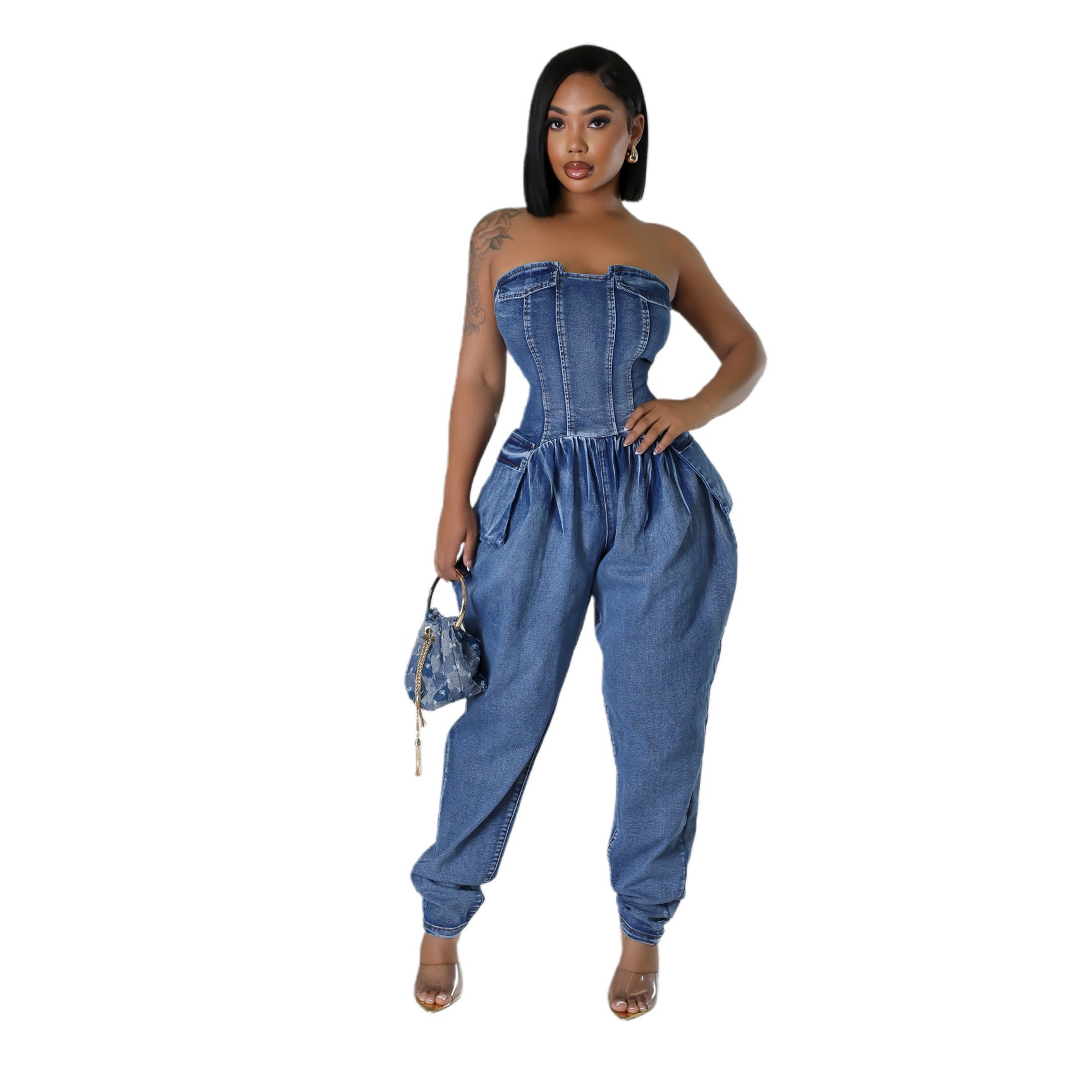 Women's Tube Top High Elastic Fashion Denim Jumpsuit - Little Miss Vanilla