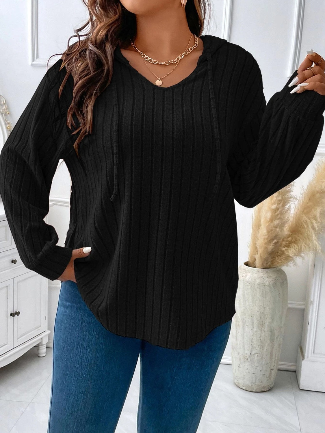 Plus Size Drawstring Dropped Shoulder Hooded T-Shirt - Little Miss Vanilla