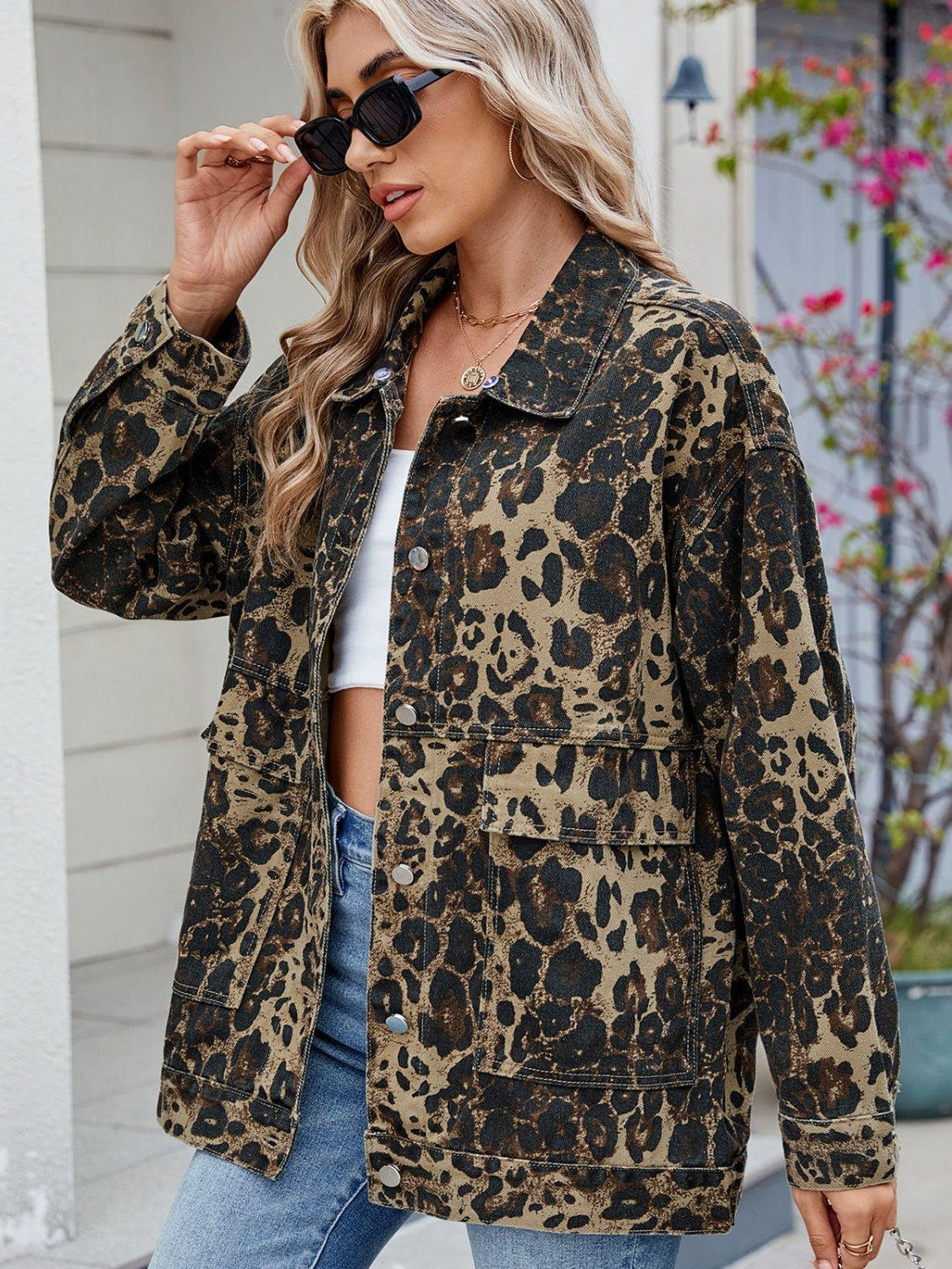 Leopard Button Up Drop Shoulder Denim Jacket - Little Miss Vanilla