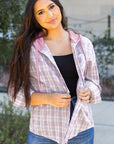 Pink Checkered Print Loose Fit Buttoned Hooded Shacket