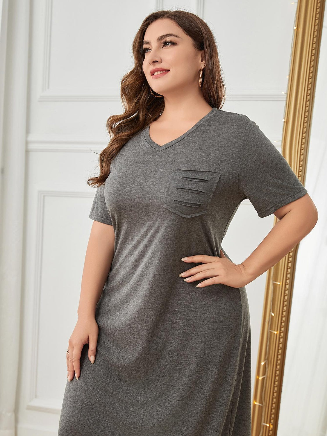 Plus Size Pocketed V-Neck Short Sleeve Lounge Dress - Little Miss Vanilla