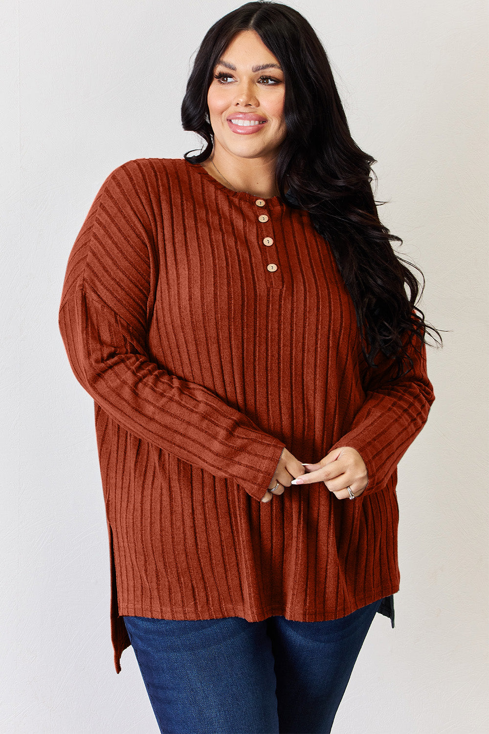 Basic Bae Full Size Ribbed Half Button Long Sleeve High-Low T-Shirt - Little Miss Vanilla