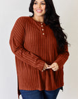 Basic Bae Full Size Ribbed Half Button Long Sleeve High-Low T-Shirt - Little Miss Vanilla