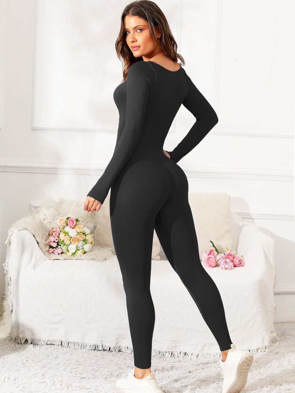 Scoop Neck Long Sleeve Active Jumpsuit - Little Miss Vanilla