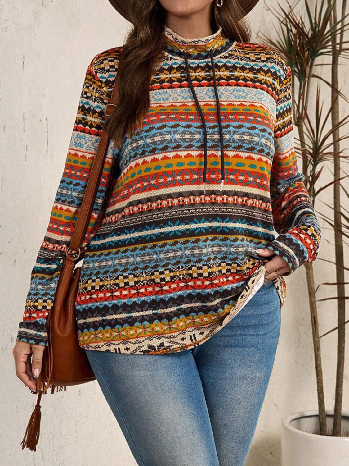 Plus Size Drawstring Printed Mock Neck Long Sleeve Top - Little Miss Vanilla