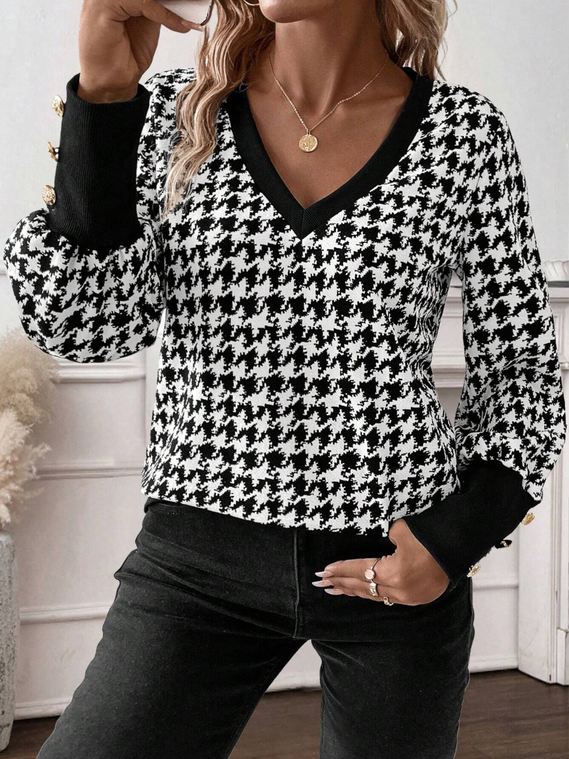 Houndstooth V-Neck Long Sleeve T-Shirt - Little Miss Vanilla