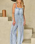 Beau Blue Light Wash Frayed Exposed Seam Wide Leg Denim Overall