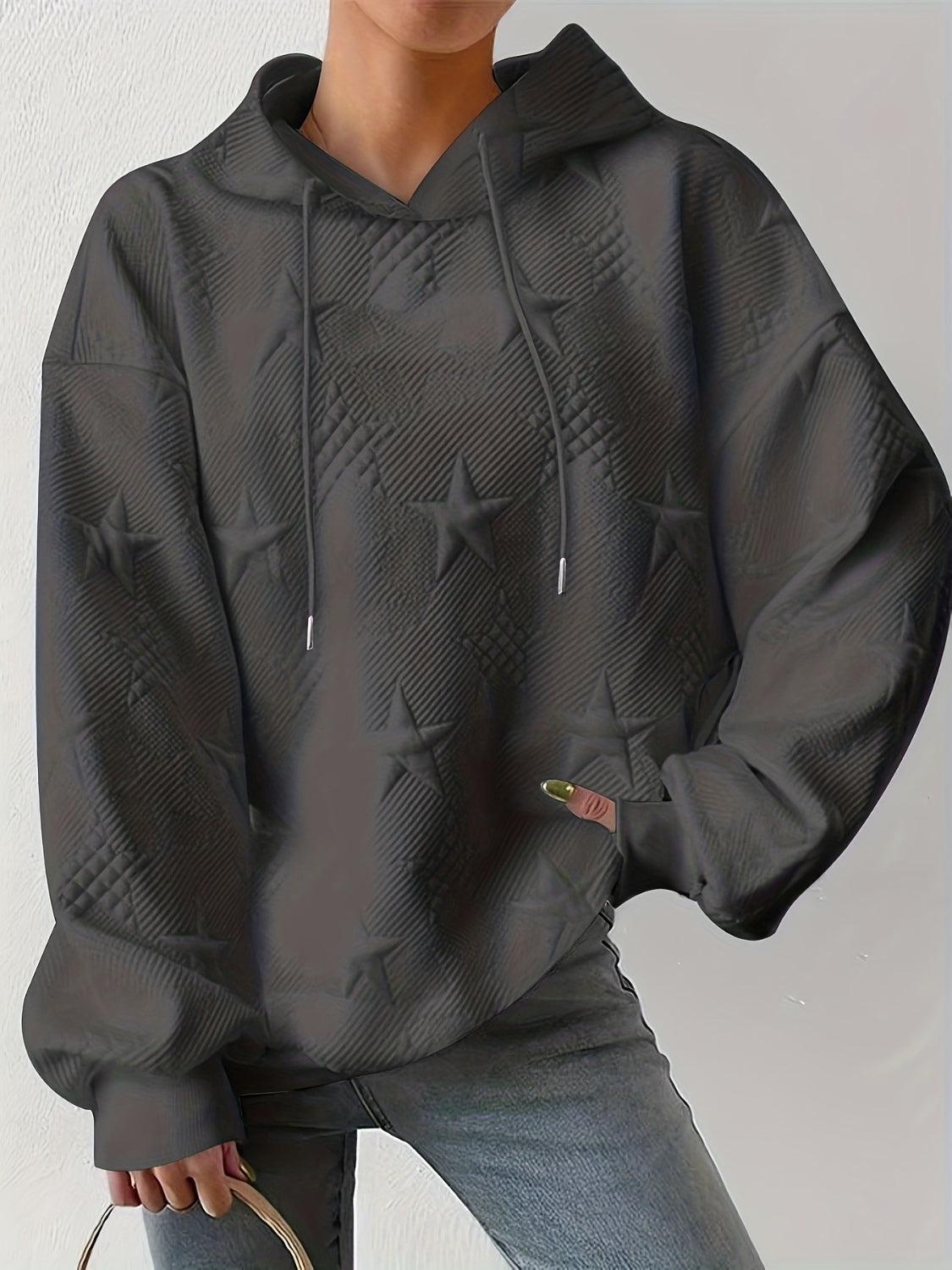 Plus Size Star Texture Long Sleeve Drawstring Hoodie - Little Miss Vanilla