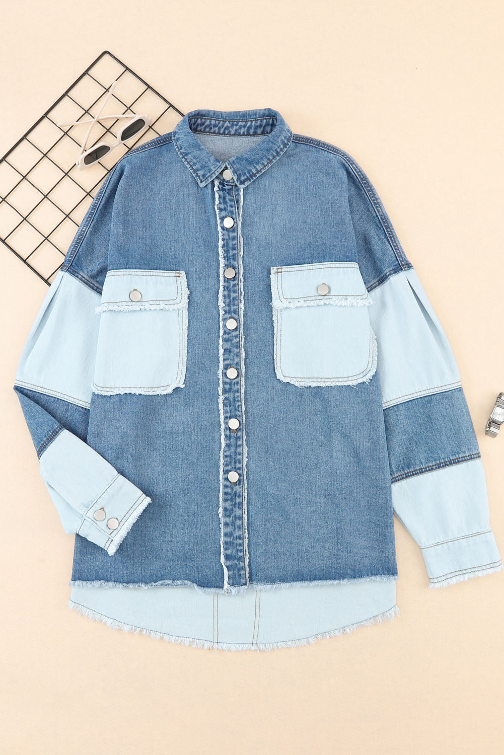 Raw Hem Color Block Denim Jacket - Little Miss Vanilla