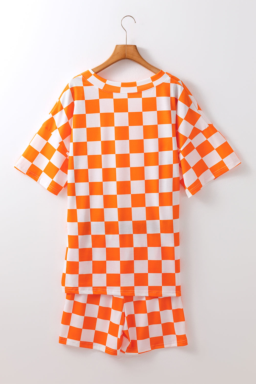 Orange Checkerboard Print V Neck Loose Tee and Shorts Lounge Set - Little Miss Vanilla