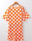 Orange Checkerboard Print V Neck Loose Tee and Shorts Lounge Set - Little Miss Vanilla