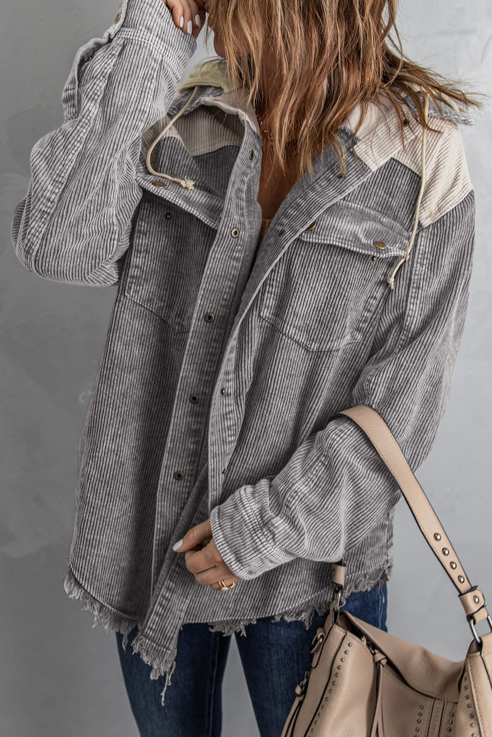 Gray Color Block Button Down Hooded Corduroy Jacket - Little Miss Vanilla