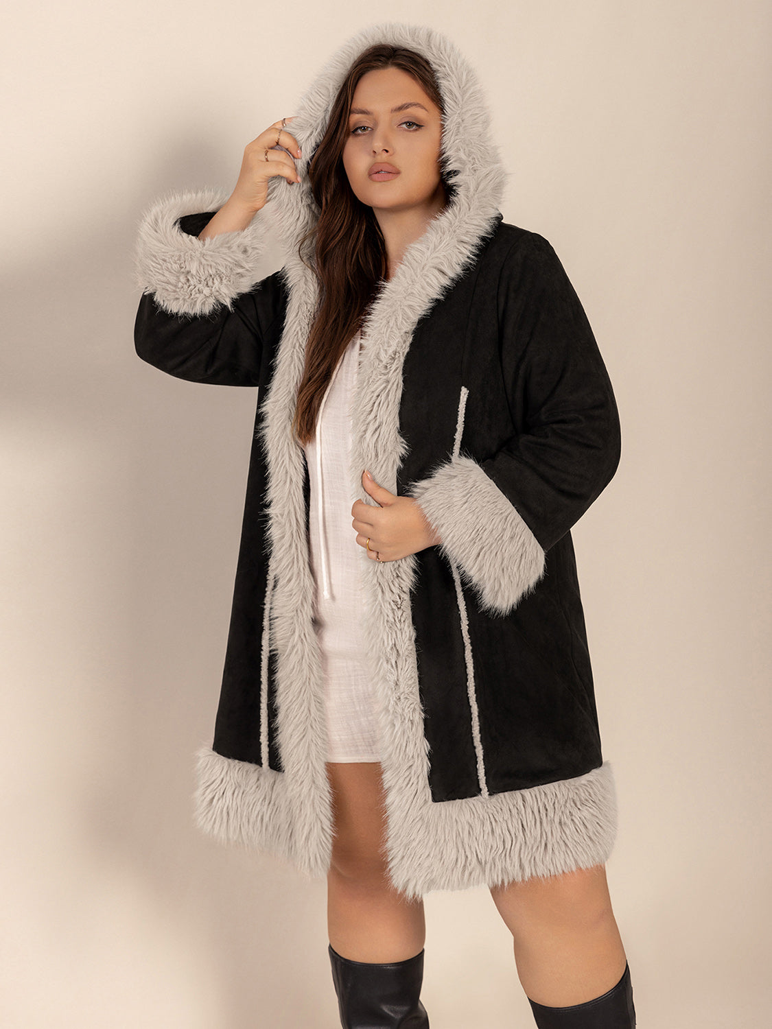 Plus Size Fuzzy Trim Open Front Long Sleeve Hooded Coat - Little Miss Vanilla