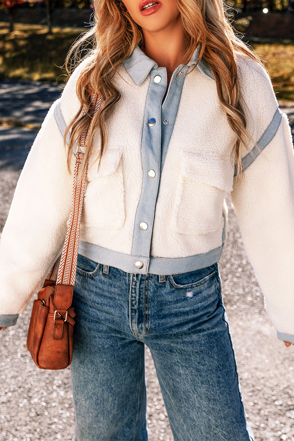 White Contrast Trim Buttoned Sherpa Jacket - Little Miss Vanilla