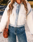 White Contrast Trim Buttoned Sherpa Jacket - Little Miss Vanilla