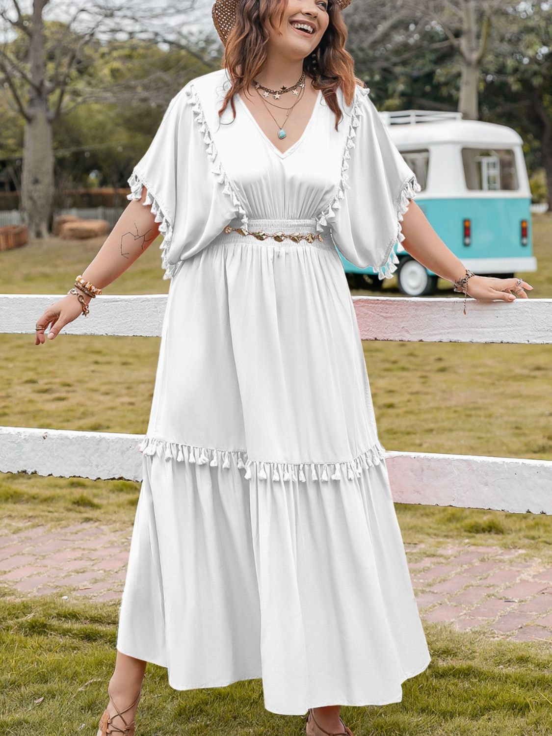 Plus Size Tassel Smocked V-Neck Half Sleeve Dress - Little Miss Vanilla