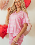 Pink Waffle Knit Bowknot Printed V Neck T Shirt and Shorts Set - Little Miss Vanilla