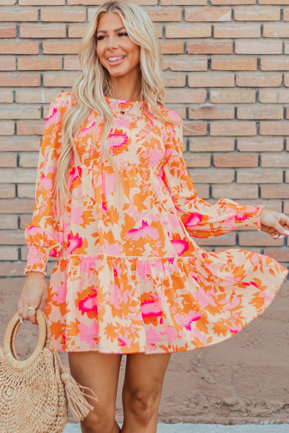 Orange Abstract Print Smocked Lantern Sleeve Ruffle Mini Dress - Little Miss Vanilla