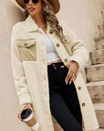 Beige Contrast Flap Pocket Single Breasted Teddy Coat