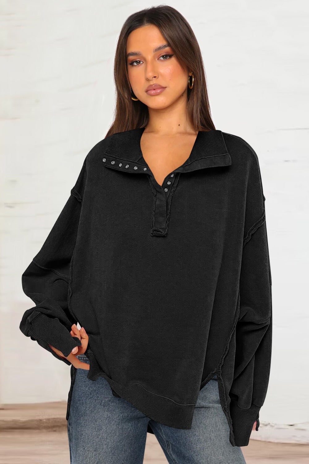 Exposed Seam Side Slit Long Sleeve Sweatshirt - Little Miss Vanilla