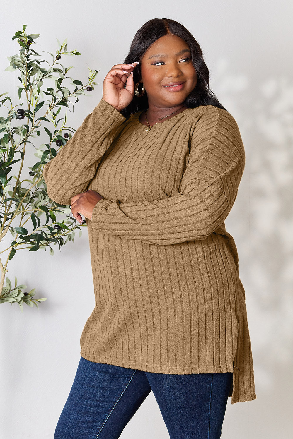 Basic Bae Full Size Ribbed Round Neck Long Sleeve Slit Top - Little Miss Vanilla