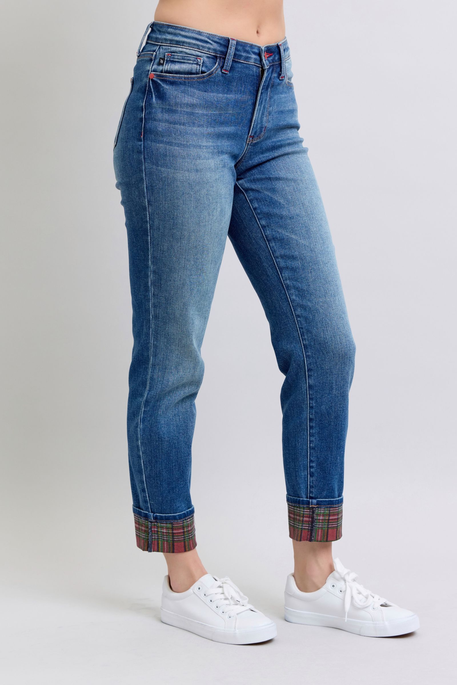 Judy Blue Full Size Plaid Print Cuff Straight Leg Jeans with Pockets - Little Miss Vanilla