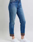 Judy Blue Full Size Plaid Print Cuff Straight Leg Jeans with Pockets - Little Miss Vanilla