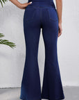 Dusk Blue Solid Crossed Waist High Elastic Fit Flare Knit Jeans