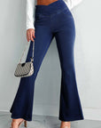 Dusk Blue Solid Crossed Waist High Elastic Fit Flare Knit Jeans