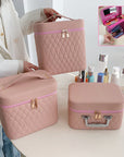 Portable Cosmetic Bag With Mirror Design Fashion Rhombus-Embroidery Double-layer Suitcase Large Capacity Make-up Storage Bags For Women