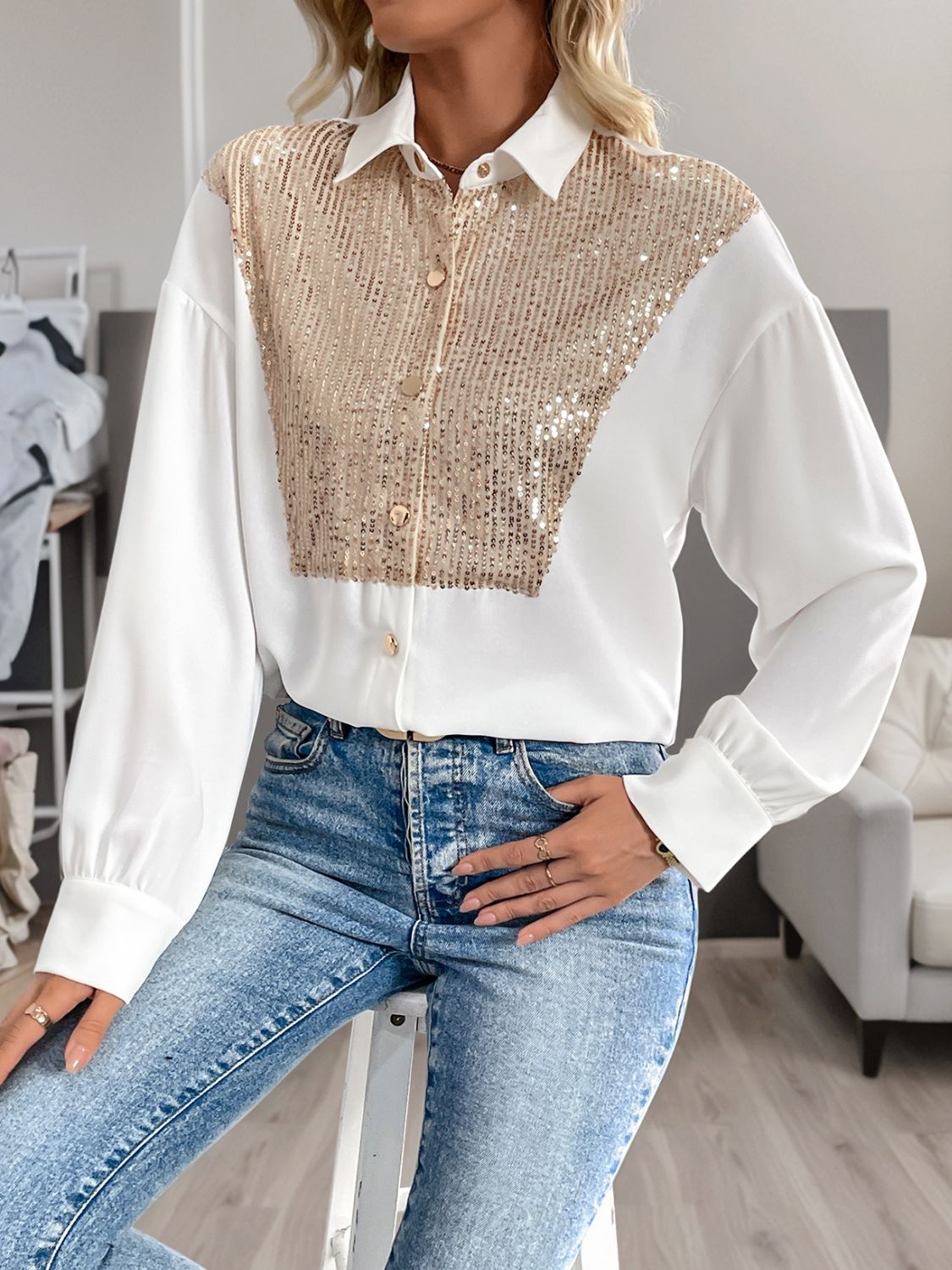 Perfee Sequin Contrast Collared Neck Long Sleeve Shirt - Little Miss Vanilla