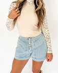 Mock Neck Long Sleeve Lace Patchwork T-Shirt - Little Miss Vanilla