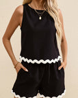 Black Ricrac Trim Tank Top Elastic Waist Shorts Set