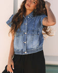 Ashleigh Blue Acid Wash Elastic Hem Button Up Denim Vest