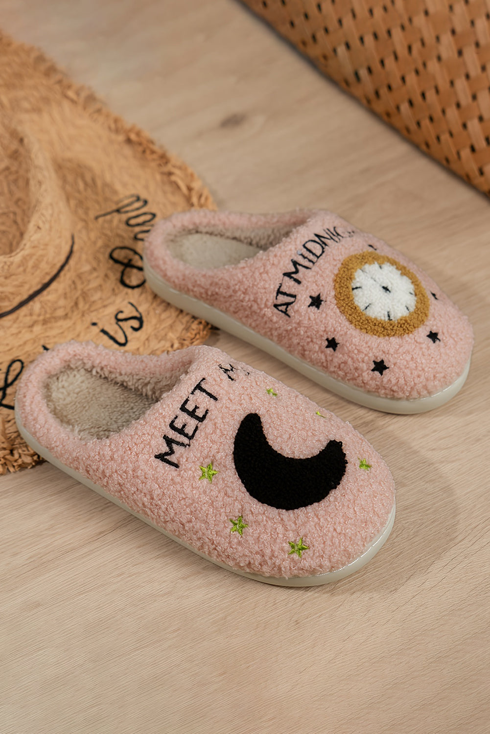 Light Pink Moon & Clock Pattern Fuzzy Home Slippers - Little Miss Vanilla