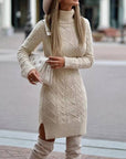 Fashion Turtleneck Knitted Dress With Slit Design Winter Warm Solid Color Pullover Long Sweater Women's Clothing