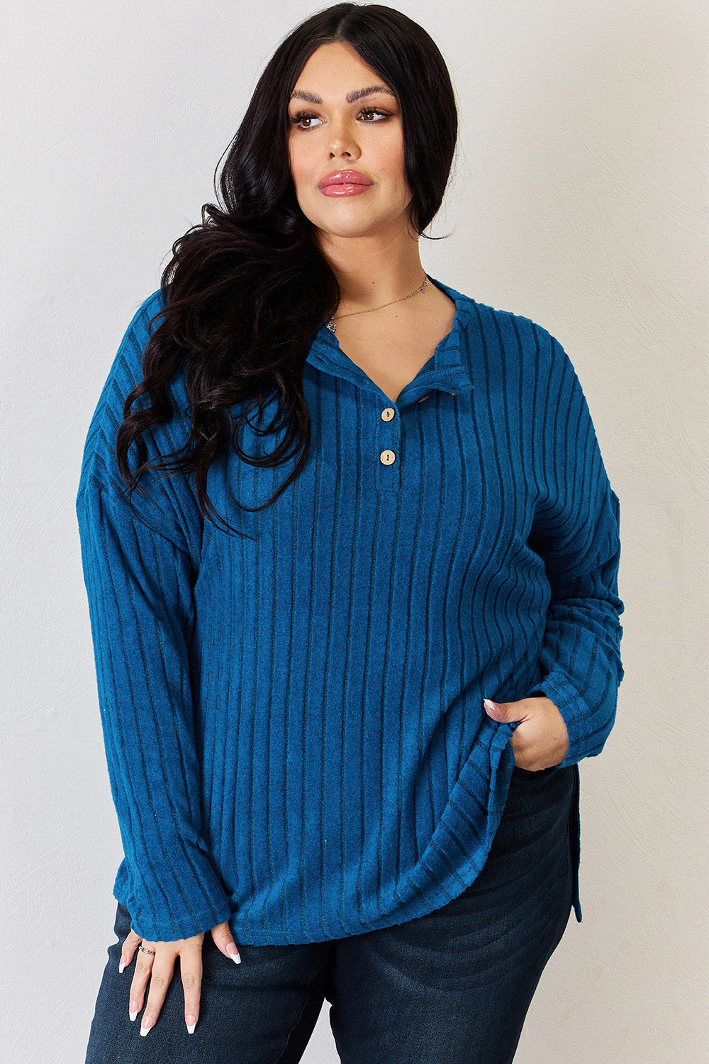 Basic Bae Full Size Ribbed Half Button Long Sleeve High-Low T-Shirt - Little Miss Vanilla