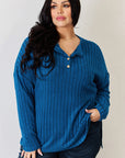 Basic Bae Full Size Ribbed Half Button Long Sleeve High-Low T-Shirt - Little Miss Vanilla