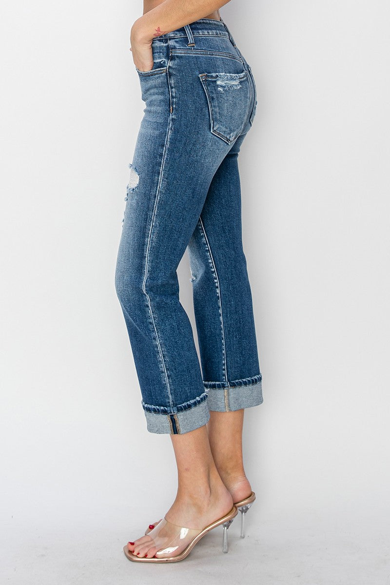 RISEN Full Size Cuffed Ankle Distressed Straight Jeans - Little Miss Vanilla