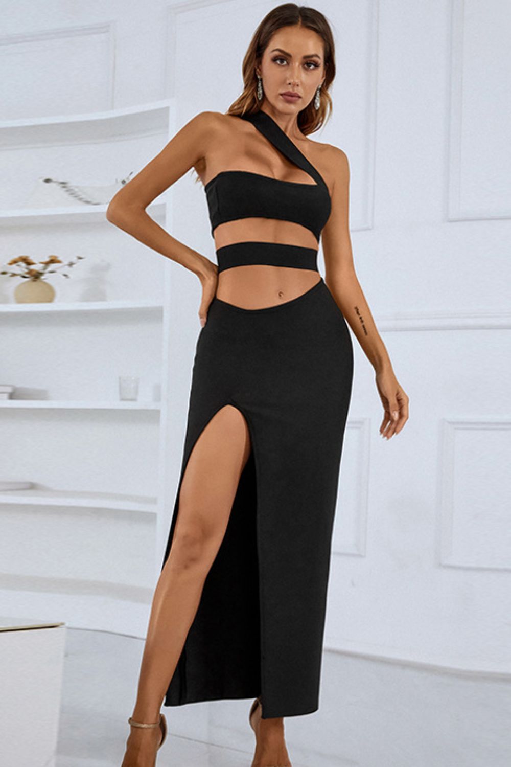 One-Shoulder Cutout Front Split Maxi Dress - Little Miss Vanilla