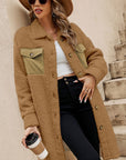 Khaki Contrast Flap Pocket Single Breasted Teddy Coat