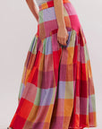 Multicolour Plaid Print Ruched High Waist Casual Maxi Skirt