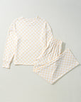 Beige Checkered Print Long Sleeve Top and Pants Lounge Set - Little Miss Vanilla