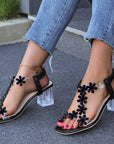 Fashion Flowers Sandals With Transparent High Square Heels Summer Square Toe Shoes For Women